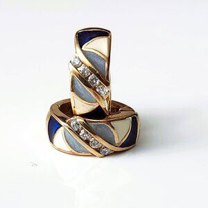 Sterling Silver 925 Gold Plates CZ Crystals Blue Grey Beige Enamel Hoop Earrings